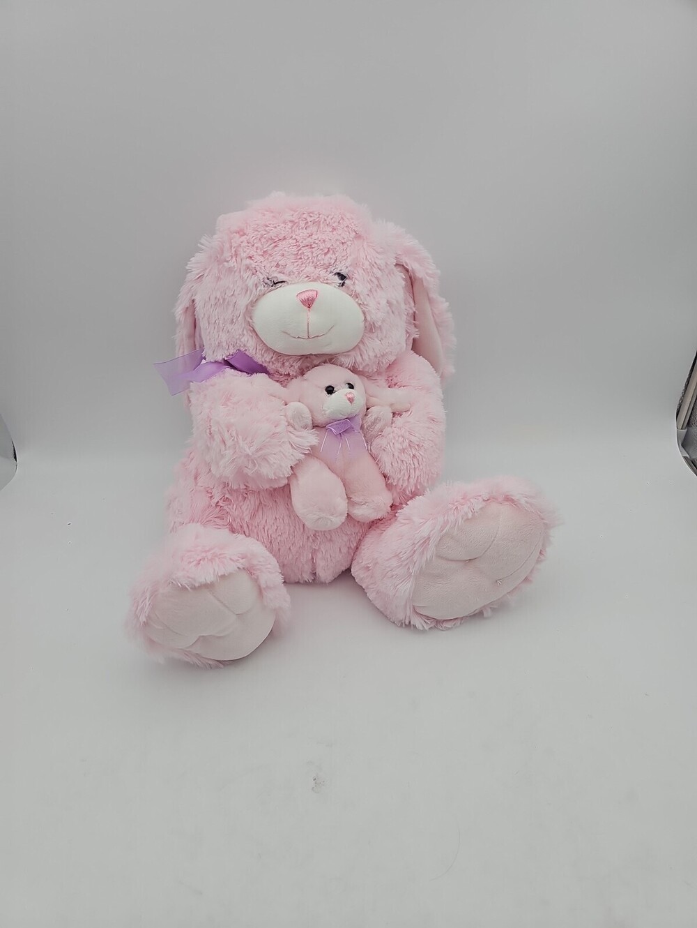 Caltoy Pink SOFT Plush Bunny Rabbit & Baby Stuffed Animal Toy - 12" sitting